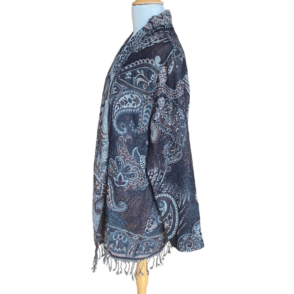 Soft Surroundings Wool Paisley Tapestry Cardigan Gray Boho Fringe -M - Picture 7 of 14